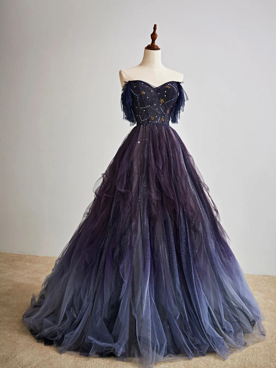 Dark Starry Sky Purple Tulle Long Prom Dress Purple Evening Dress
