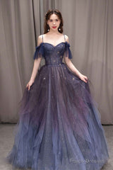 Dark Starry Sky Purple Tulle Long Prom Dress Purple Evening Dress