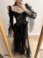 Dark Vintage Black Long Sleeve High-Slit Lace Tulle Prom Dress Evening Dress