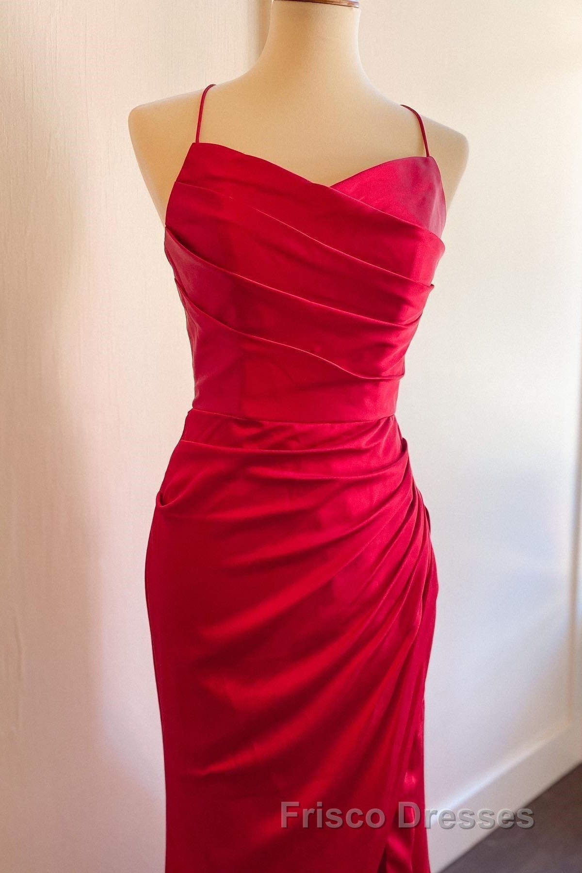 Straps Red Ruched Mermaid Long Formal Prom Dress