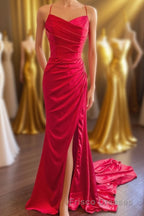 Straps Red Ruched Mermaid Long Formal Prom Dress