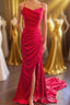 Straps Red Ruched Mermaid Long Formal Prom Dress