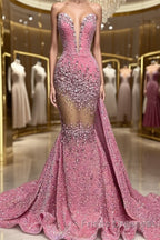 V-Neck Sequins Formal Prom Dresses Mermaid Sleeveless Crystal.