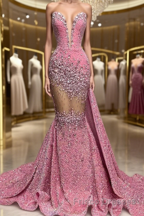 V-Neck Sequins Formal Prom Dresses Mermaid Sleeveless Crystal.