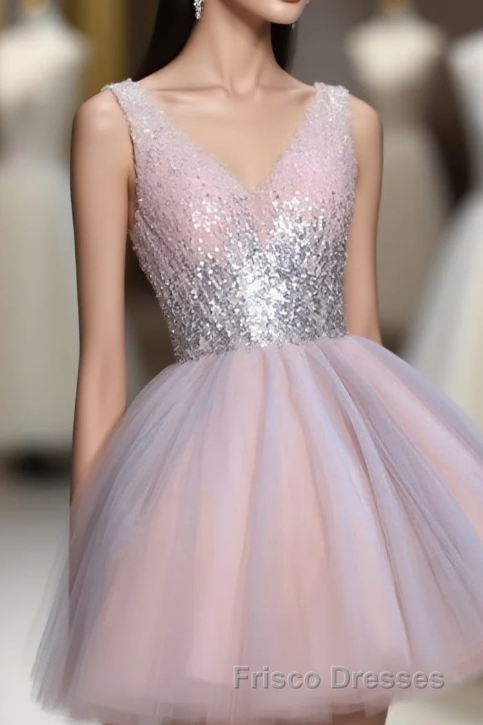 Cute Pink V Neck Tulle Seqsuins Short Formal Prom Dress, Cocktail Dress Main image