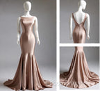 Deep Champagne Mermaid Simple Satin Long Formal Prom Dress Backless Evening Gown