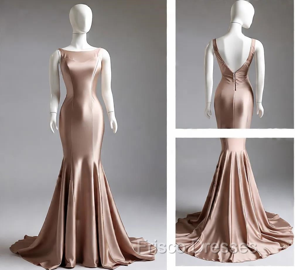 Deep Champagne Mermaid Simple Satin Long Formal Prom Dress Backless Evening Gown