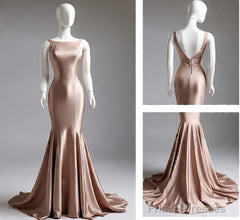 Deep Champagne Mermaid Simple Satin Long Prom Dress Backless Evening Gown