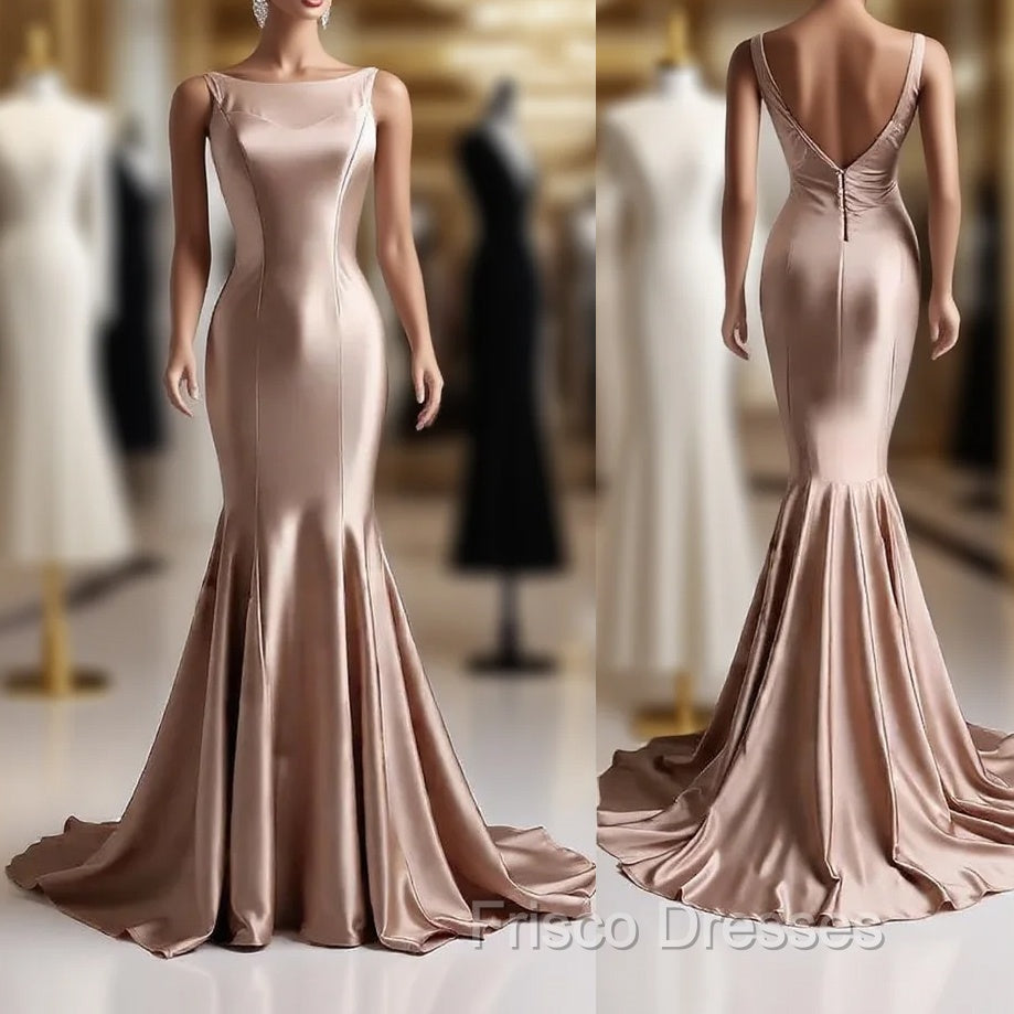 Deep Champagne Mermaid Simple Satin Long Formal Prom Dress Backless Evening Gown Main image