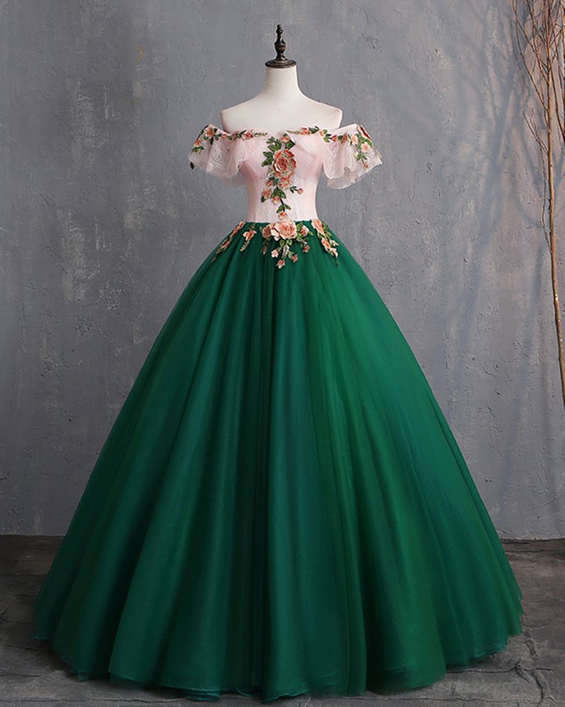 Deep Green Tulle Off Shoulder Long Customize Prom Dress, Evening Dress With Sleeve Secondary image