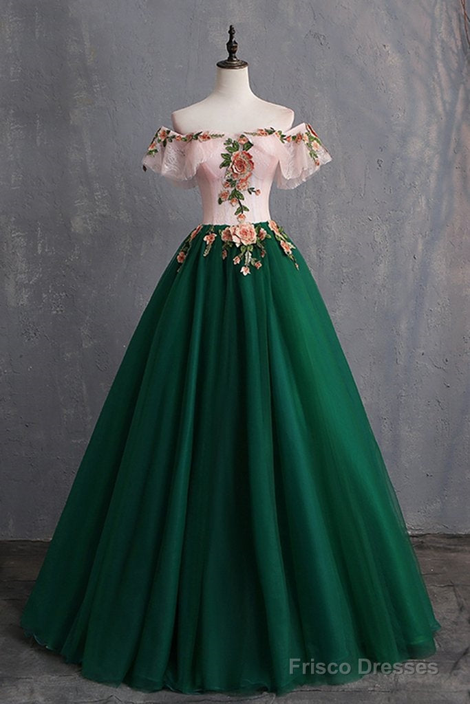 Deep Green Tulle Off Shoulder Long Customize Prom Dress, Evening Dress With Sleeve Main image