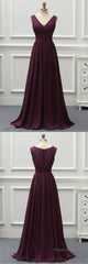 Deep Red Chiffon V Neck Long Lace Prom Dress, Evening Dress