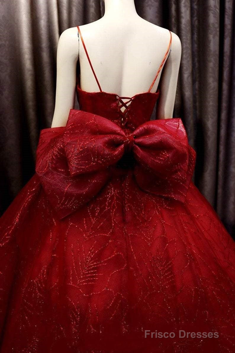 Deep Red Sparkle Beaded Thin Strap V Neck Ball Gown Wedding Dress With Bow Back, Sweep Train & Glitter Tulle Prom Dress Secondary image