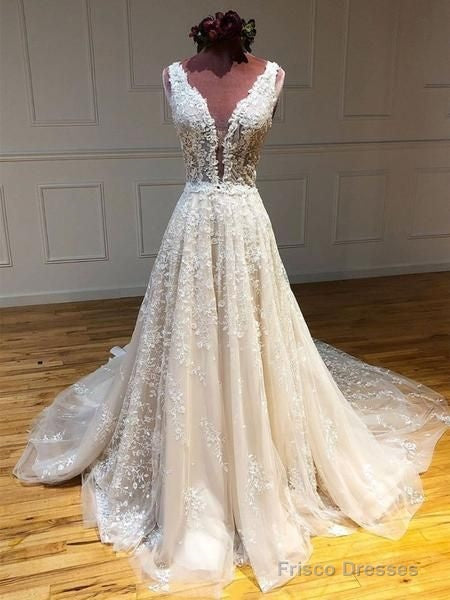 Deep V Neck And V Back Champagne Lace Long Wedding Dresses, Champagne Lace Prom Formal Evening Dresses Main image