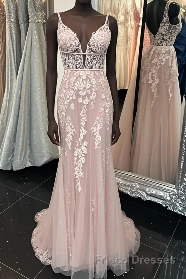 Deep V Neck Backless Pink Lace Long Formal Prom Dresses, Long Pink Lace Formal Graduation Evening Dresses Main image