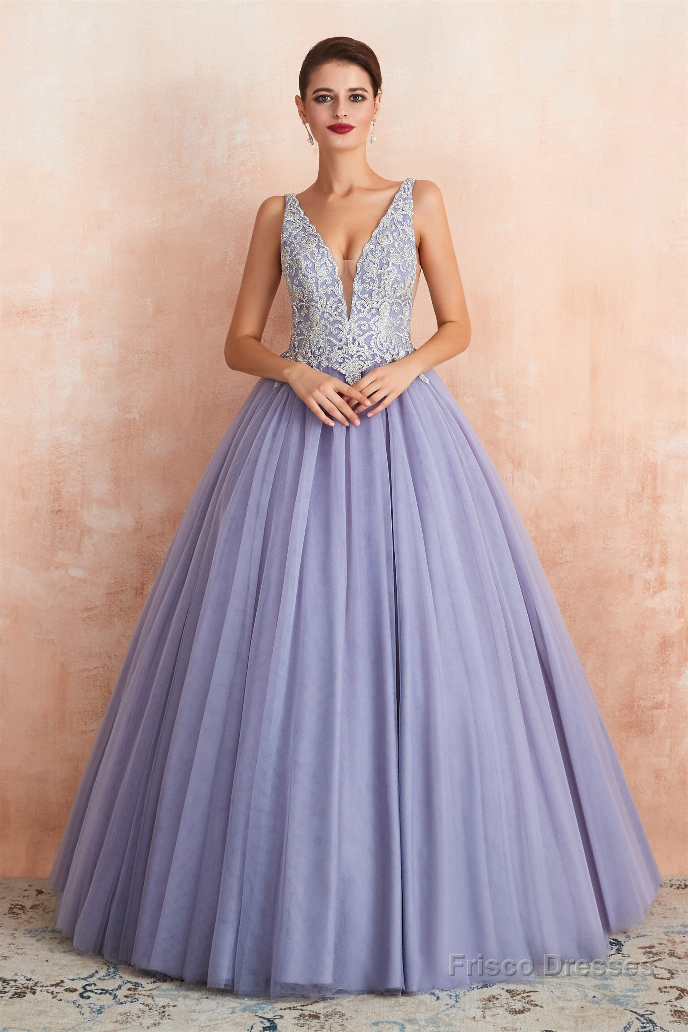 Deep V Neck Beaded Tulle Lavender Prom Dresses Main image