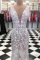 Deep V Neck Champagne Lace Formal Prom Dress, V Neck Champagne Lace Wedding Dress Formal Evening Dress