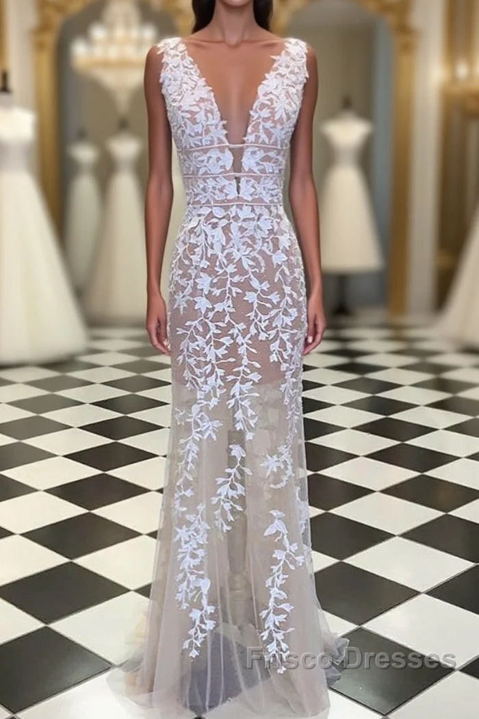 Deep V Neck Champagne Lace Formal Prom Dress, V Neck Champagne Lace Wedding Dress Formal Evening Dress Main image