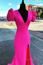 Deep V-Neck Hot Pink Mermaid Long Formal Prom Dress With Balloon Sleeves