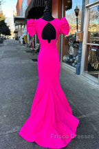 Deep V-Neck Hot Pink Mermaid Long Formal Prom Dress With Balloon Sleeves