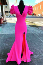 Deep V-Neck Hot Pink Mermaid Long Formal Prom Dress With Balloon Sleeves