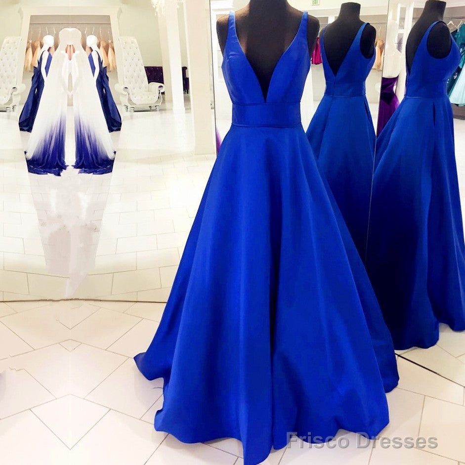 Deep V-Neck Long Satin Floor Length Ballgowns Prom Dresses
