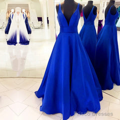 Deep V-Neck Long Satin Floor Length Ballgowns Prom Dresses