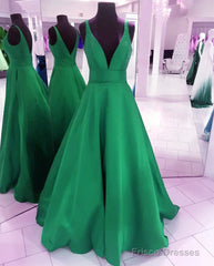 Deep V-Neck Long Satin Floor Length Ballgowns Prom Dresses