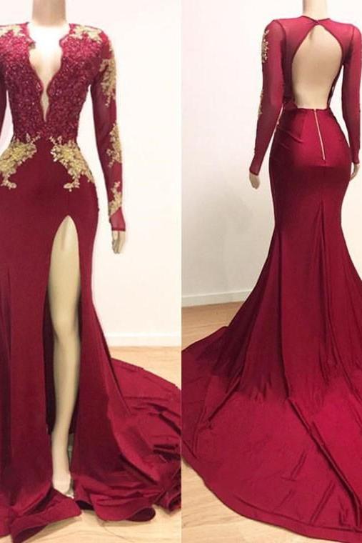 Deep V-Neck Long Sleevess Lace Appliques Split Mermaid Evening Gowns Secondary image
