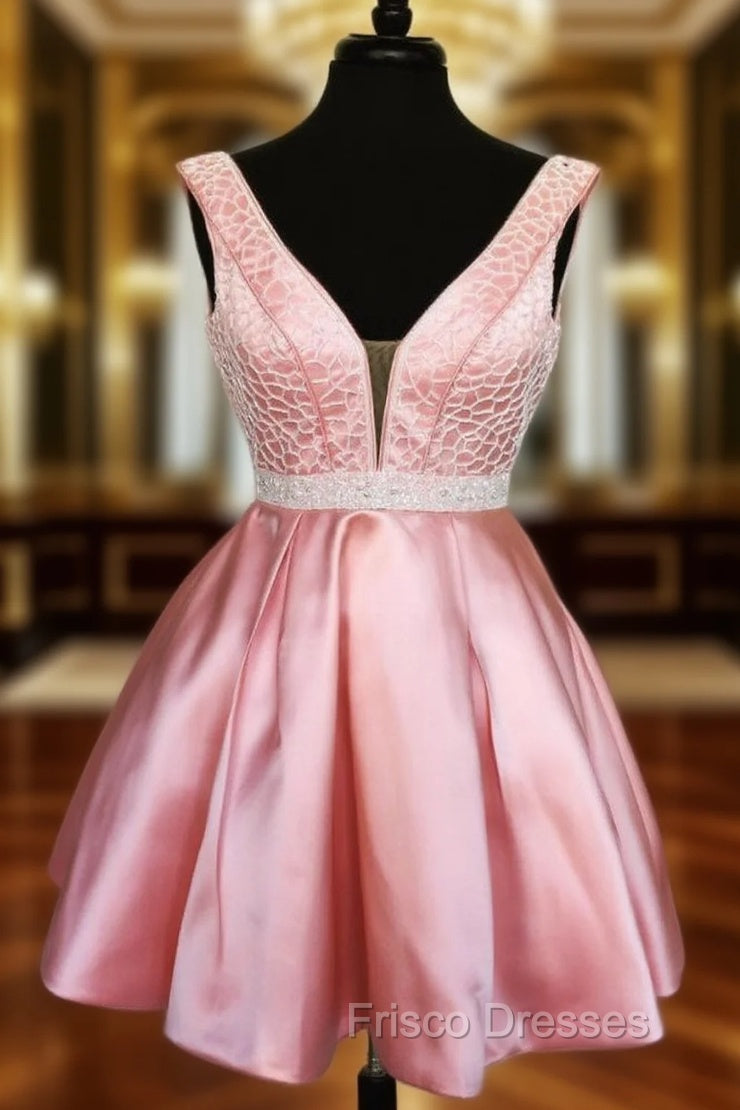 Deep V neck Pink Satin Beaded Waist Short Homecoming Dress