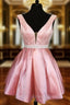 Deep V neck Pink Satin Beaded Waist Short Homecoming Dress