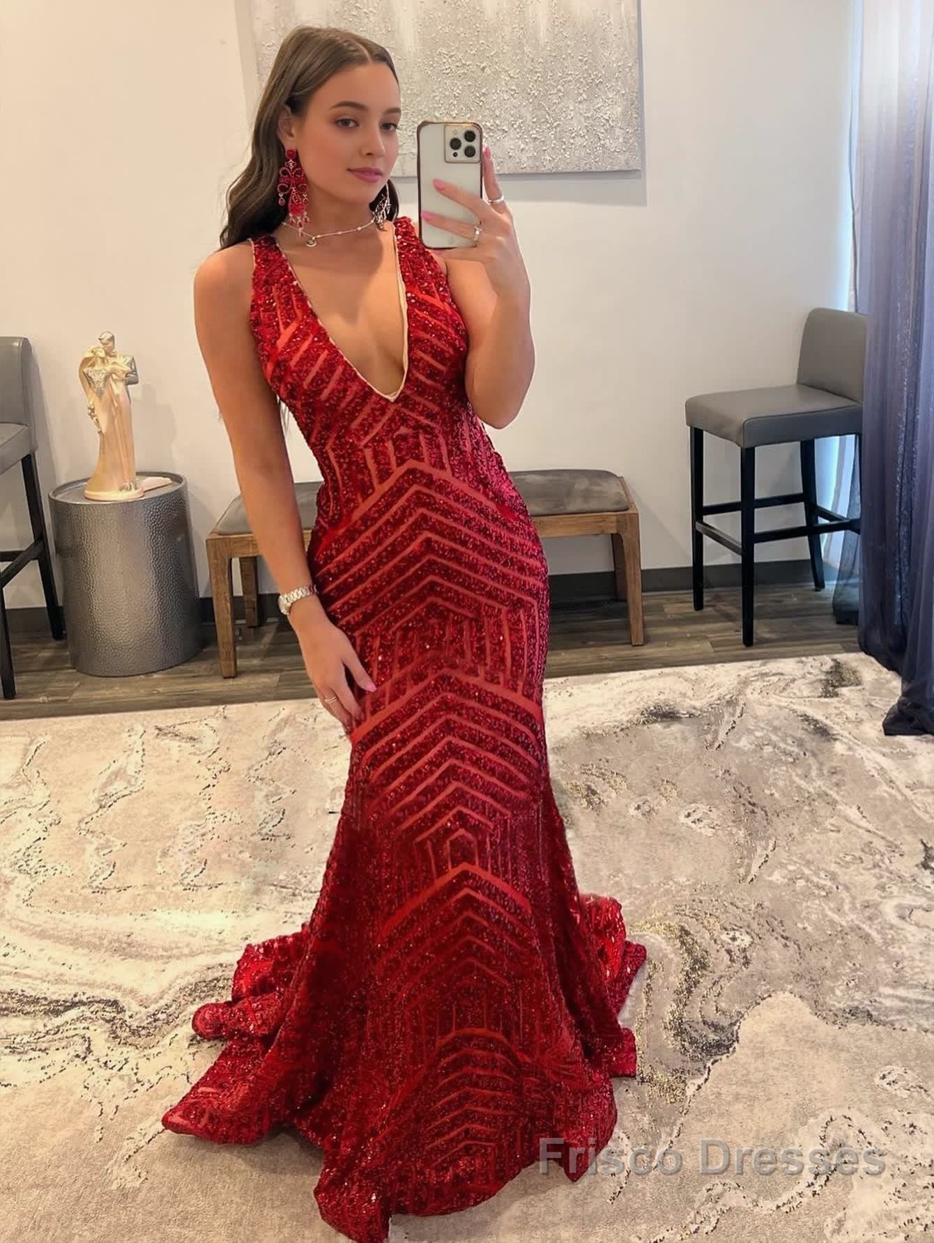 Deep V Neck Pink Sequins Mermaid Long Prom Dress