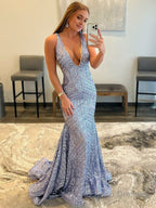Deep V Neck Pink Sequins Mermaid Long Prom Dress