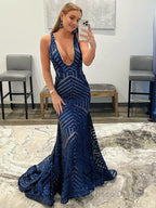 Deep V Neck Pink Sequins Mermaid Long Prom Dress