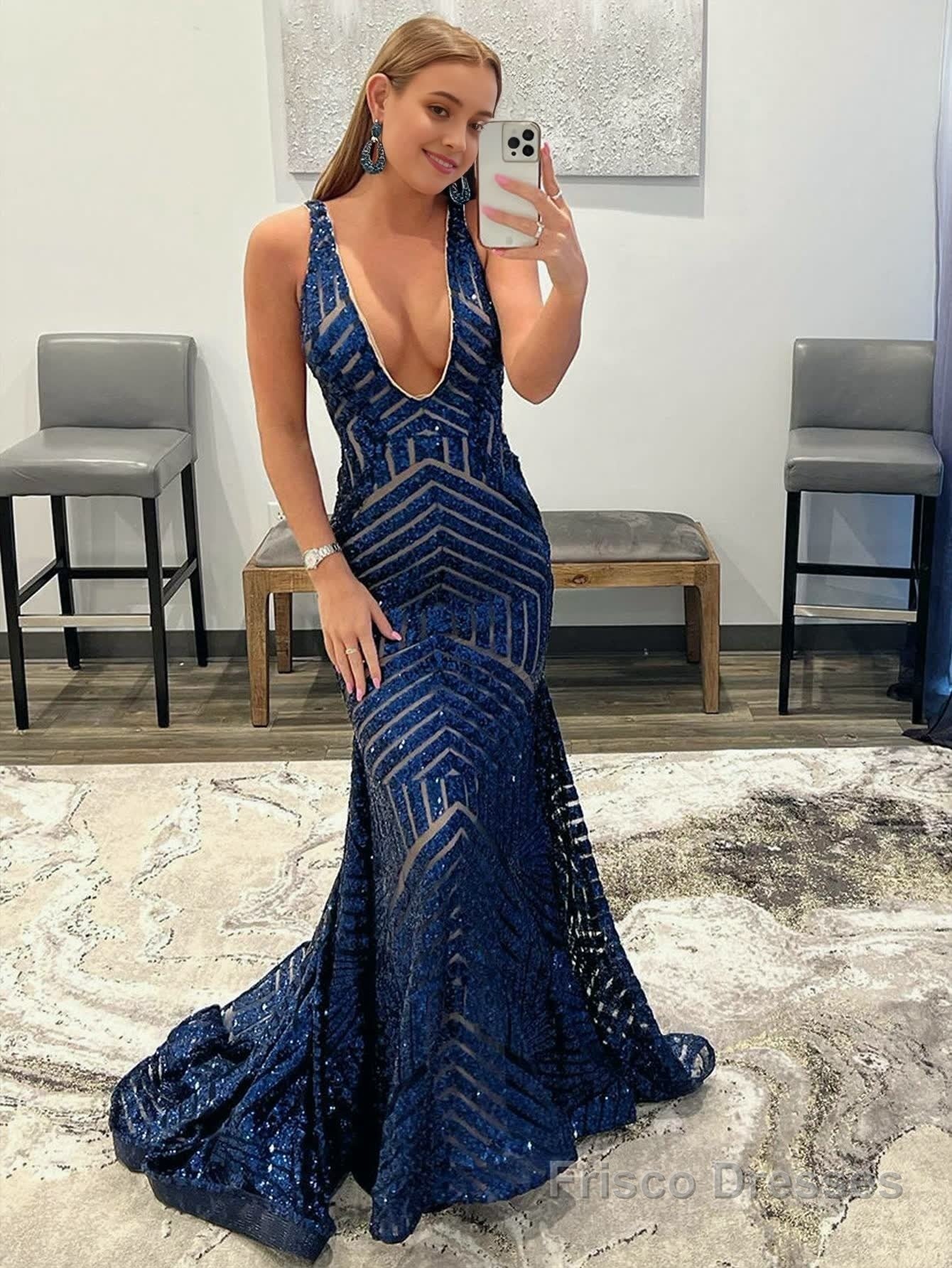 Deep V Neck Pink Sequins Mermaid Long Prom Dress