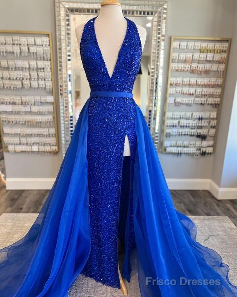 Deep V Neck Royal Blue Sequin Prom Dresses Mermaid With Tulle Train Main image