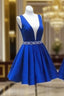Deep V Neck Royal Blue Short Satin Formal Prom Dress, Royal Blue V Neck Short Formal Homecoming Dress