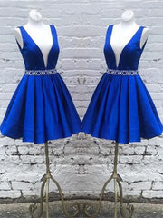 Deep V Neck Royal Blue Short Satin Prom Dresses, Royal Blue V Neck Short Formal Homecoming Dresses