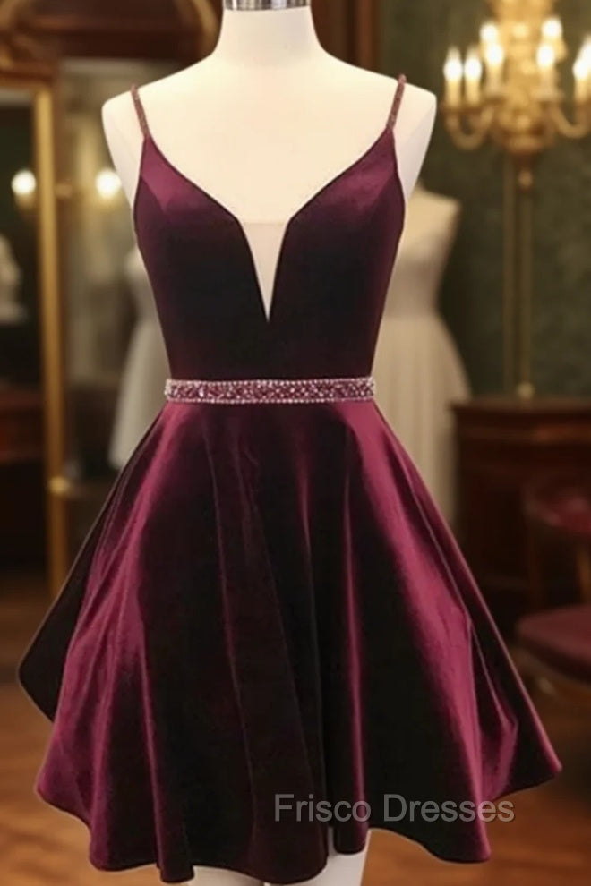 Deep V Neck Short Burgundy Formal Prom Dress, Deep V Neck Short Burgundy Formal Homecoming Dress Main image