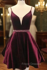 Deep V Neck Short Burgundy Formal Prom Dress, Deep V Neck Short Burgundy Formal Homecoming Dress