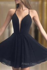 Deep V Neck Short Yellow Black Formal Prom Dress, Short Backless Formal Homecoming Dress