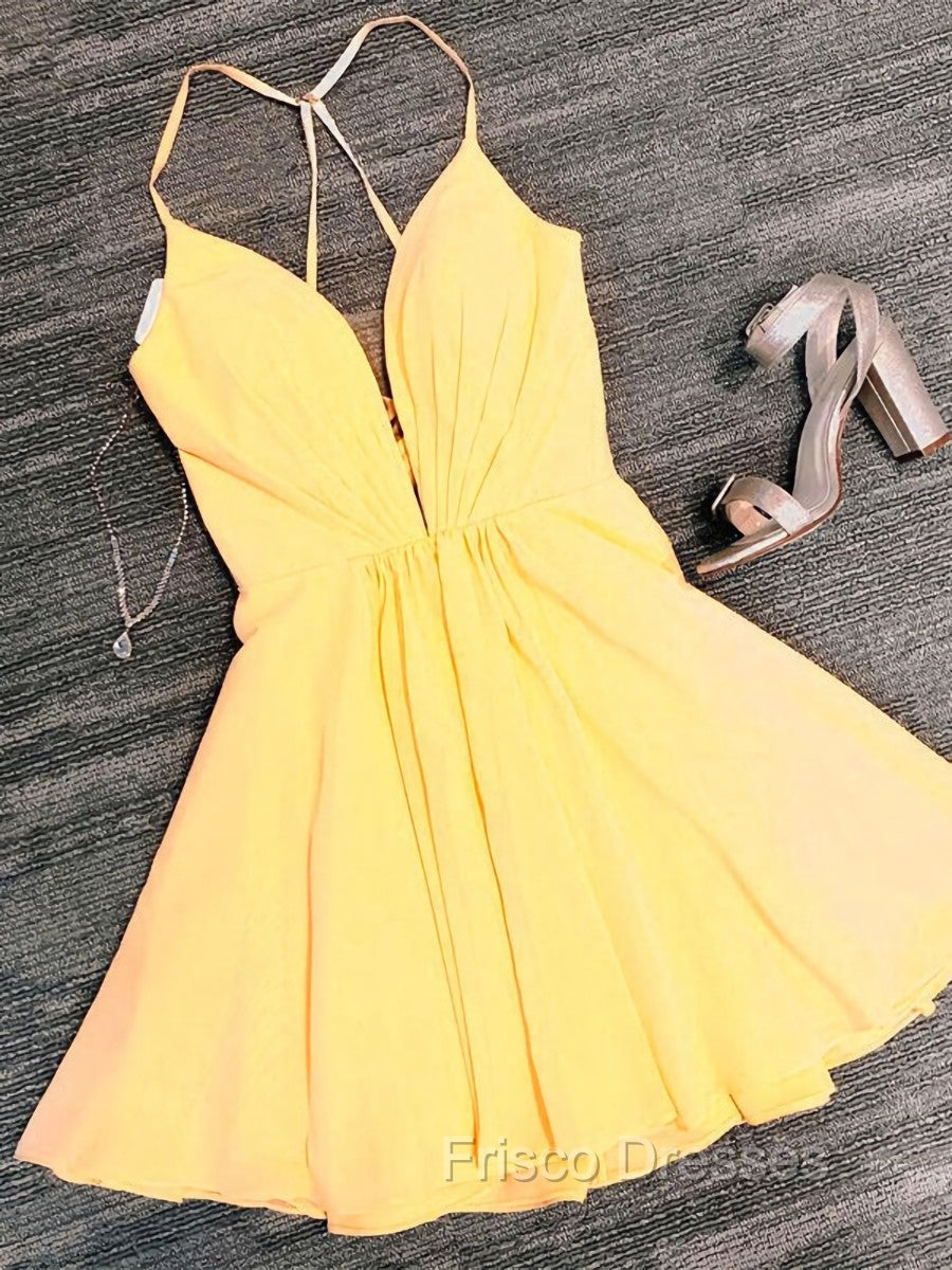 Deep V Neck Short Yellow Black Formal Prom Dress, Short Backless Formal Homecoming Dress Main image