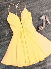 Deep V Neck Short Yellow Black Formal Prom Dress, Short Backless Formal Homecoming Dress