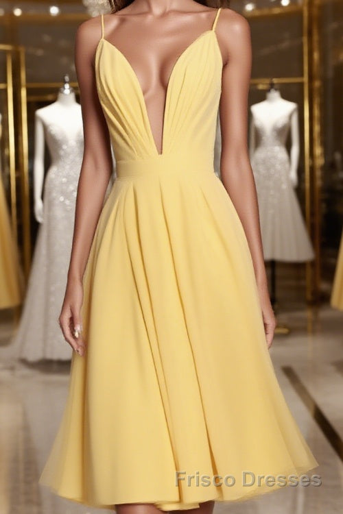 Deep V Neck Short Yellow Formal Prom Dresses, Short Backless Formal Homecoming Dresses Main image