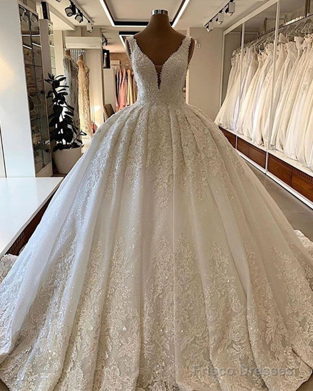 Deep V Neck Wedding Dress Ball Gown Lace Appliques Main image