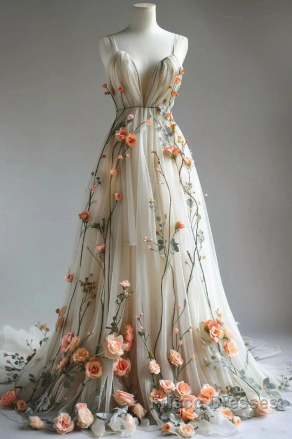 Deep V Neck Wedding Dress 3D Flowers Appliques Tulle A-Line Formal Prom Gowns