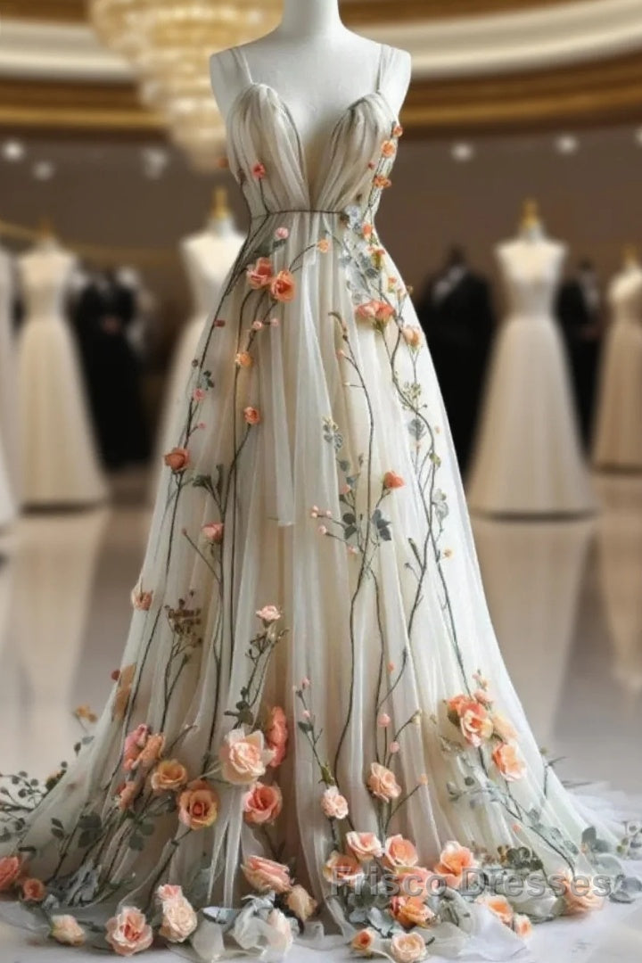 Deep V Neck Wedding Dress 3D Flowers Appliques Tulle A-Line Formal Prom Gowns Main image