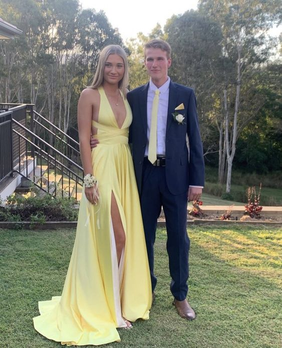 Deep V Neck Yellow A Line Long Prom Dress With Slit