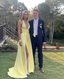 Deep V Neck Yellow A Line Long Prom Dress With Slit