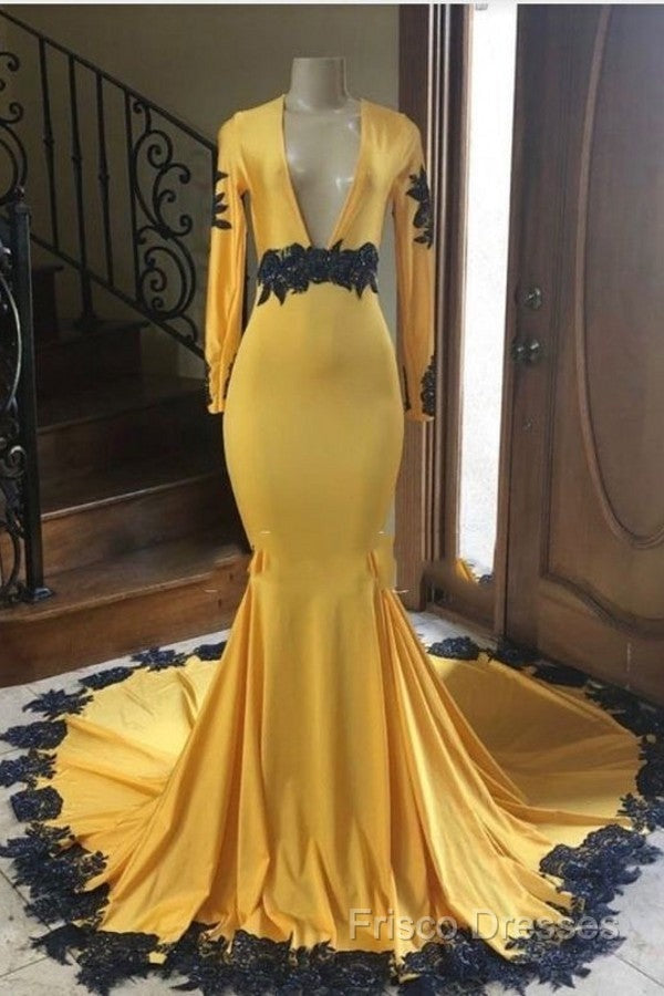 Deep V Neck Yellow Formal Prom Dress Black Lace Applique Formal Gown Secondary image